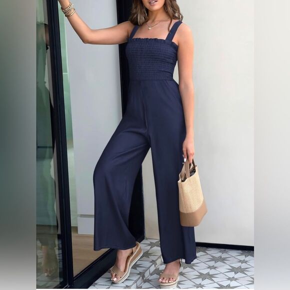 Women's Casual Loose Sleeveless Tank Jumpsuit Square Neck. Navy. Small. (87) - Picture 4 of 7